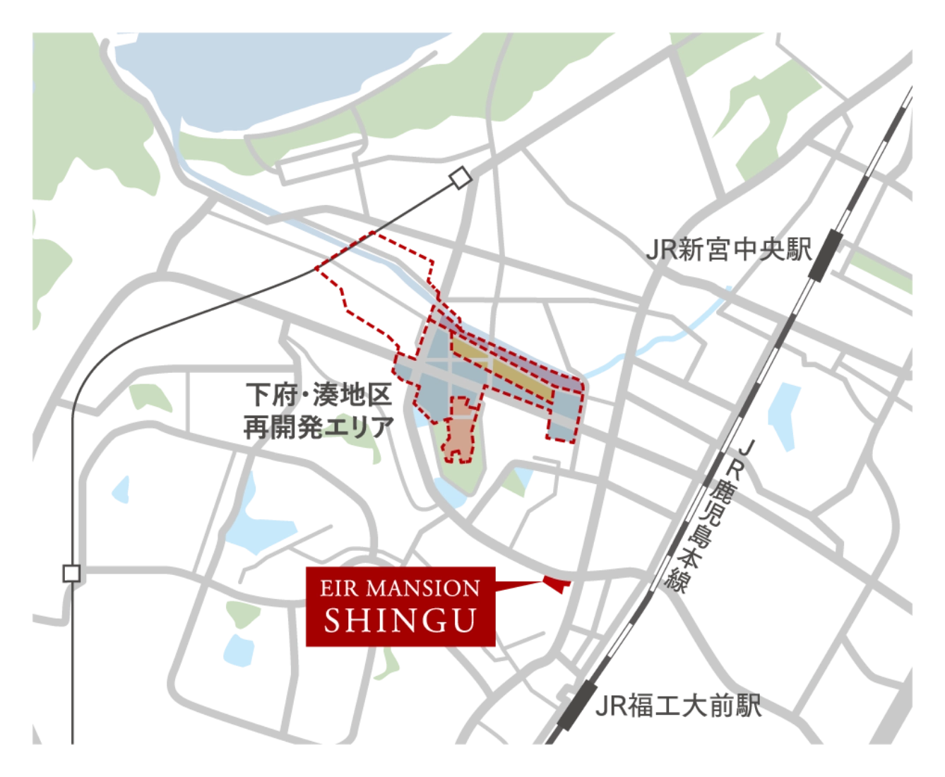 エイルマンション新宮と下府・湊地区再開発エリアの位置関係を表したマップ
